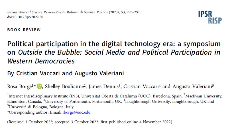 For those interested in political #participation in the #digital technology era, our Vol.53/2 hosts a symposium on the volume Outside the Bubble: discussion by @rosaborgeb @DrBoulianne @jameswilldennis ➕rejoinder by the authors @prof_vaccari @barbapreta 👉cambridge.org/core/journals/…