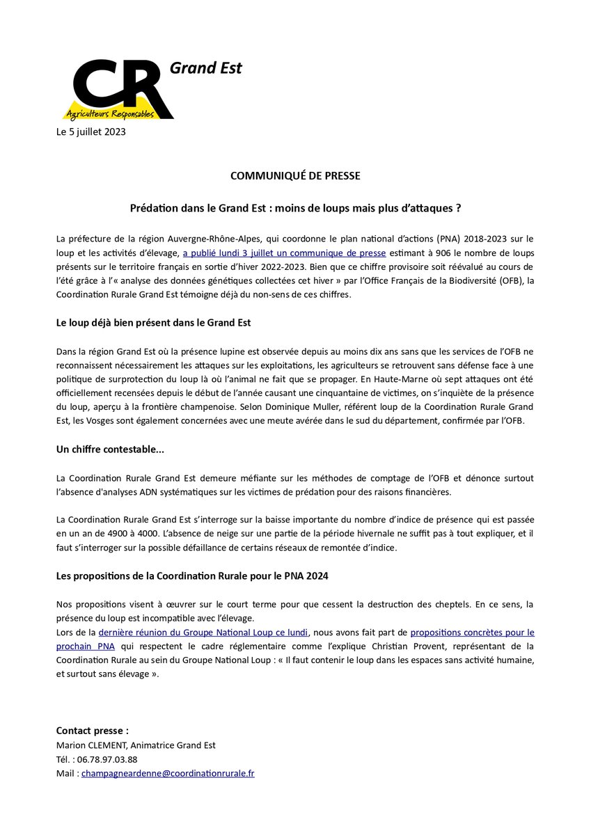 Suite au CP de @prefetrhone dirigeant le GNA sur le #loup annonçant un chiffre dérisoire de prédateurs sur le territoire comparé à la réalité du terrain, nous publions à notre tour un communiqué pour contester les méthodes de calcul de l' #OFB, à retrouver ici👇 @coordinationrur