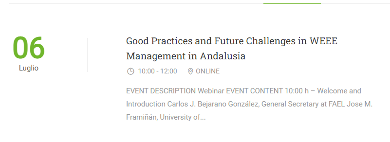 📣Join the seminar at 10 am today 🗓️July 6 on 'Good practices and future challenges in #WEEEManagement in Andalusia.' Discover sustainable solutions and promote gender equality in waste and environmental management. #Sustainability More info⏩ bit.ly/3D4jKvr