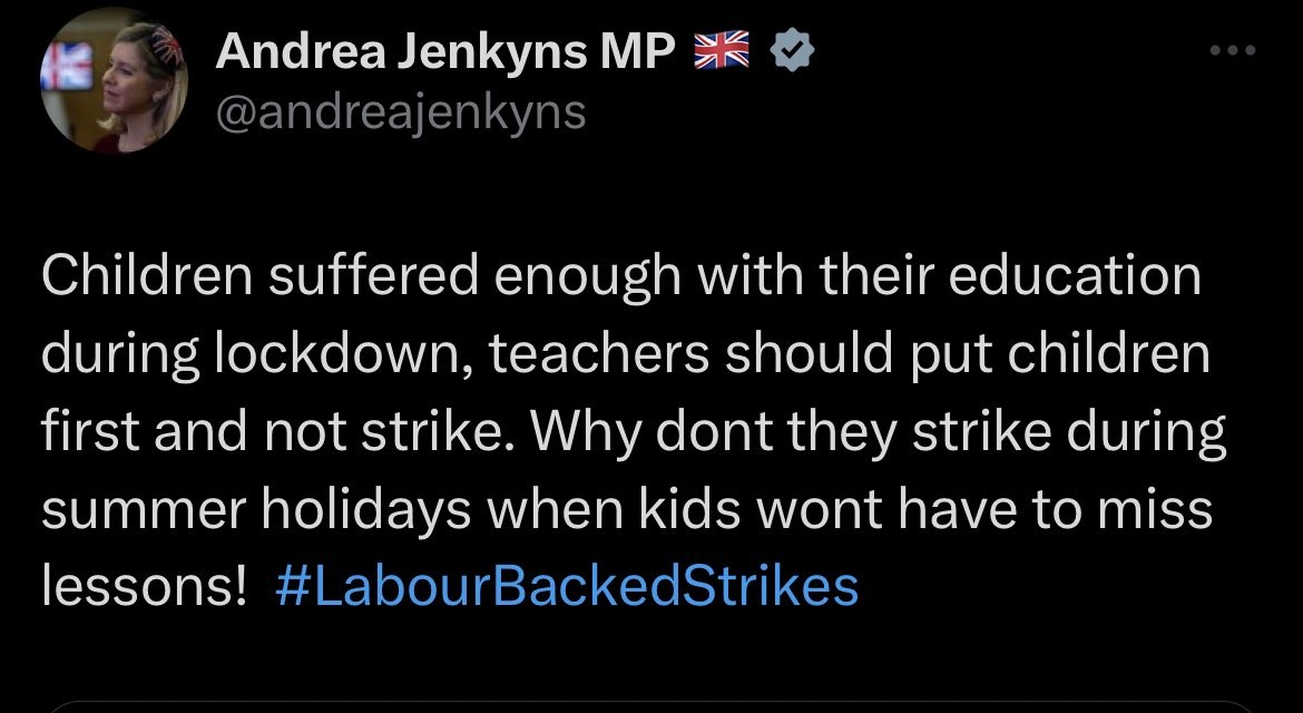 Andrea Jenkyns is an MP, honoured by disgraced former PM Johnson. Here, she shows herself to be so dense that light bends around her. You really couldn't make it up.
#ToryBrokenBritain #TeacherStrikes