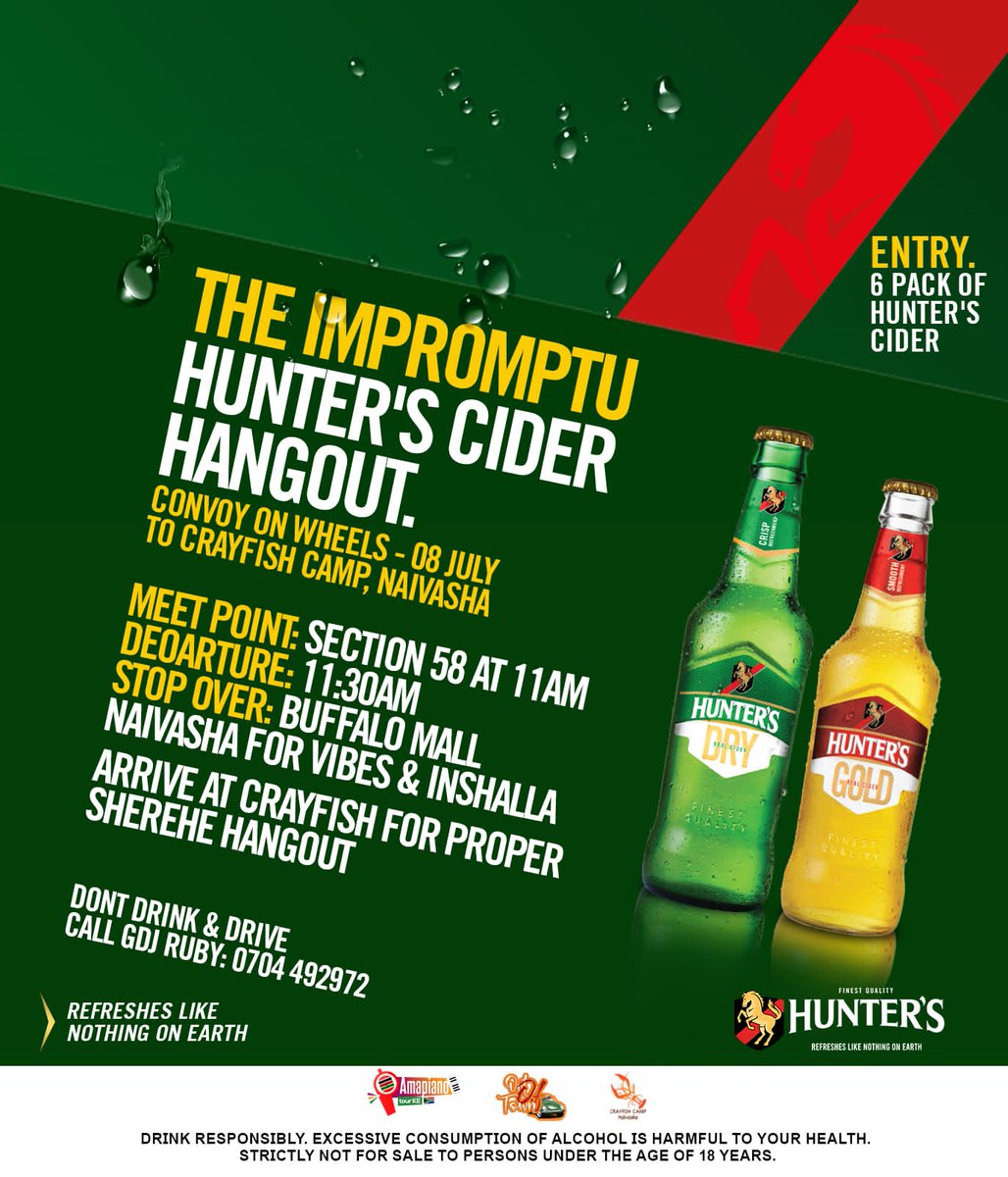 KeAmapiano's tweet image. We all look forward to a good roadtrip🥳🥳 Get your squad and join us as we head to @CrayfishCamp Naivasha for The Impromptu @hunterscider Hangout🍻 Usiboeke kwa njia, Convoy On Wheels will have all the vibes 🕺🕺🕺 
#amapianotourke 
#holdyourhunters