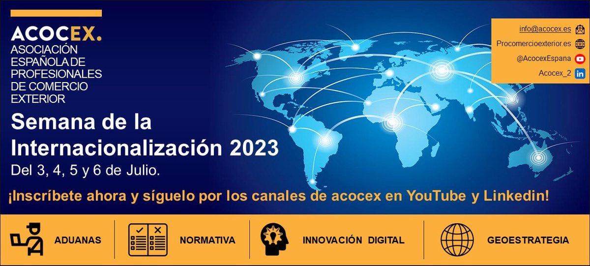 4º día semana de la internacionalización. Julio 6
09:30   Cambios en el transporte aéreo y marítimo / digitalización  Juan Gordon   SCM ACOCEX
Y
16:00   Colombia y Perú mercados de oportunidades Ignacio Bartolomé   CEO en How2Go
En abierto canales linkedin y youtube de ACOCEX