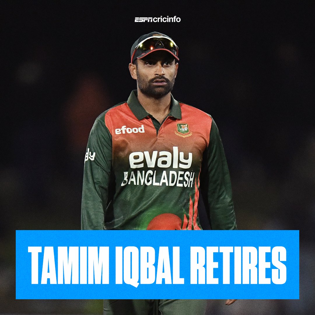 cricinfo's tweet photo. BREAKING - Bangladesh ODI captain Tamim Iqbal announces immediate retirement from all international cricket 👇

READ MORE: https://t.co/47EUHy1XmB https://t.co/M6c5Qy12lD