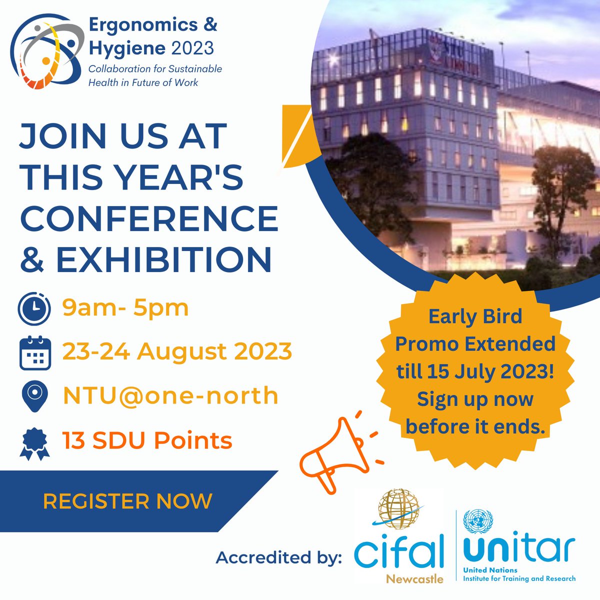 Thank you for the overwhelming response. 
We have extended the early bird promo till 15 July.
Do sign up before the promo ends!
For more information, visit: ergonomicshygiene.org

#conference #ergonomics #occupationalhygiene #unitar #cifal #sdu #exhibition