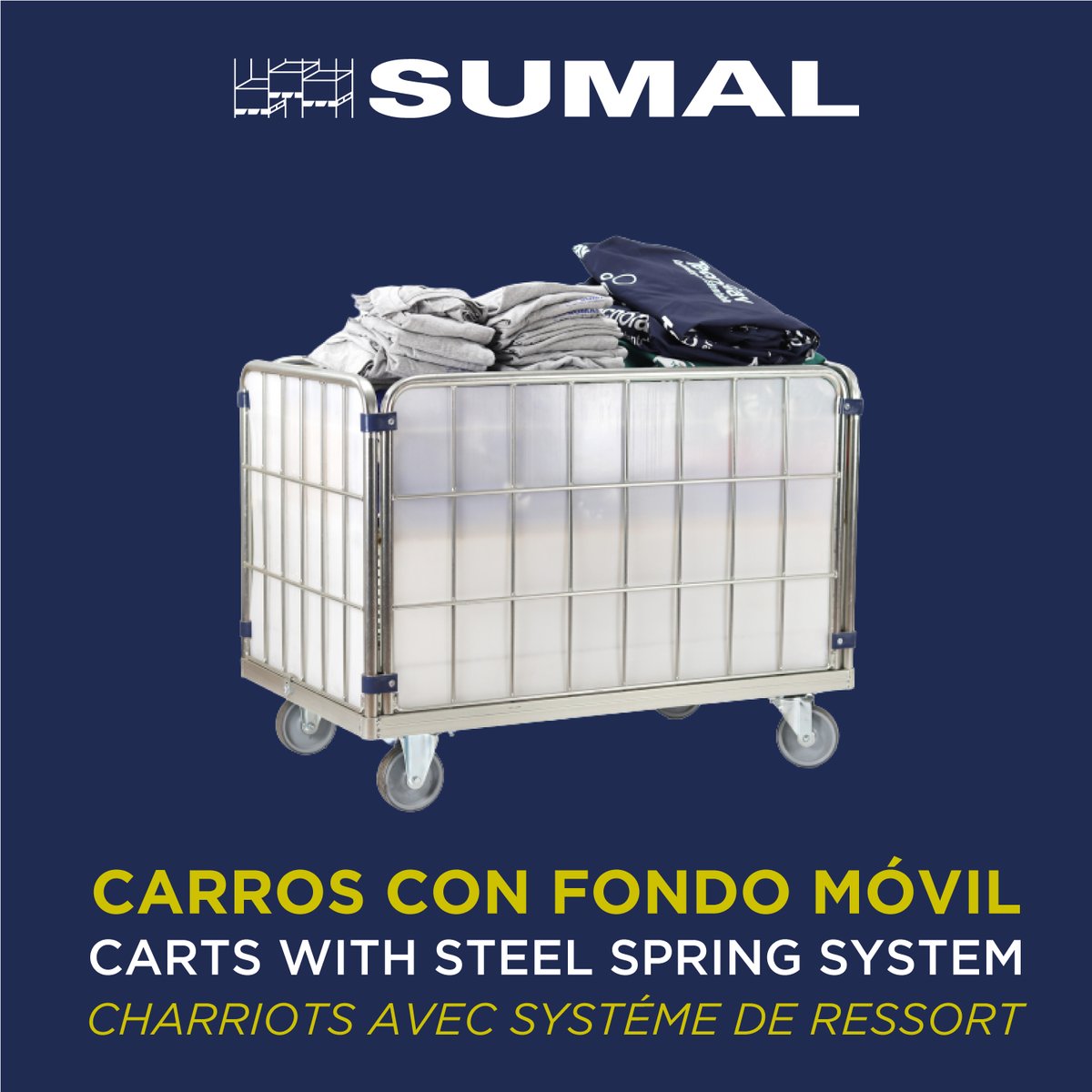 SumalSLU's tweet image. 🇪🇸 Los carros con fondo móvil se componen de un sistema de muelles de acero que bajan y suben automáticamente. Están diseñados para evitar daños al trabajador por malos gestos repetitivos: buff.ly/3XLLf6A

#SUMAL #rollcontainer