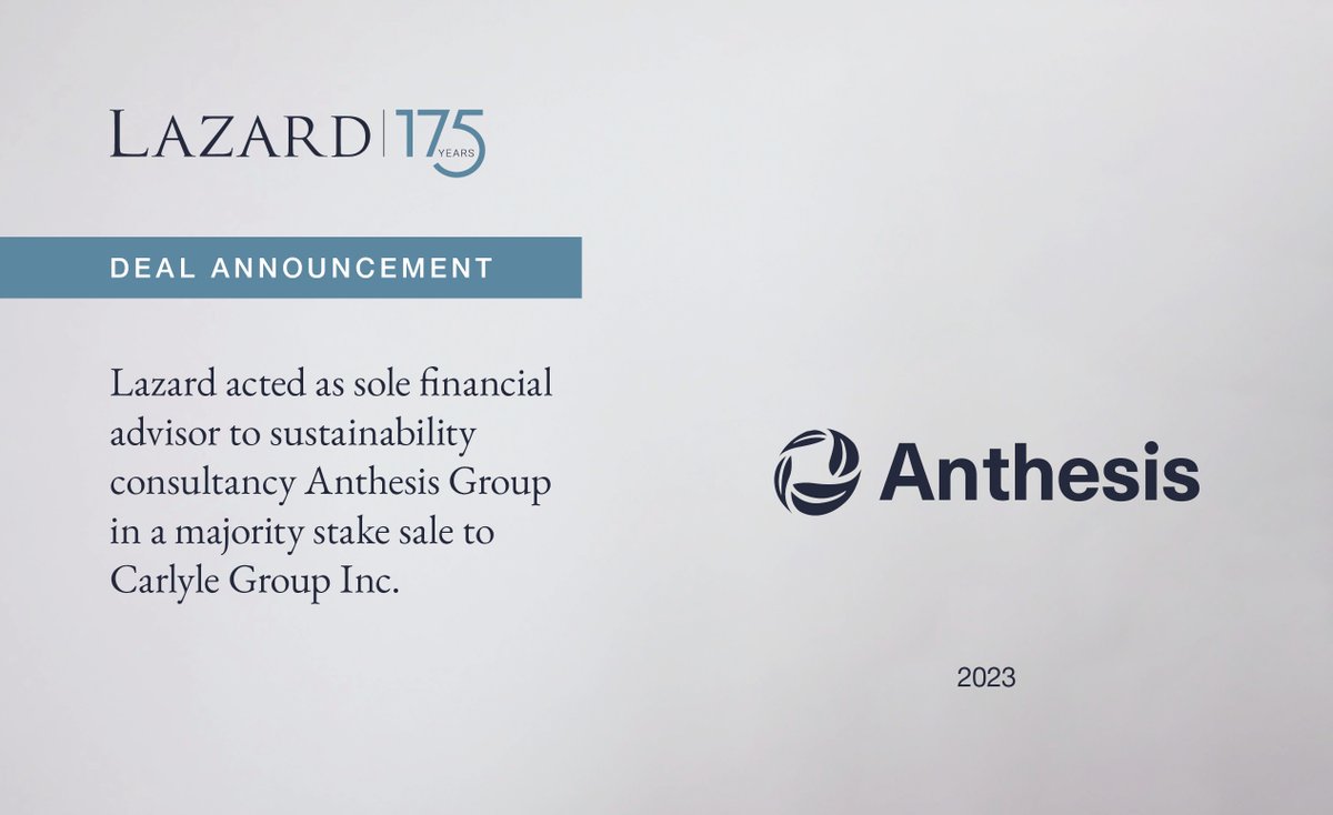We acted as sole financial advisor to sustainability consultant @anthesis_group in its majority stake sale to the Carlyle Group.