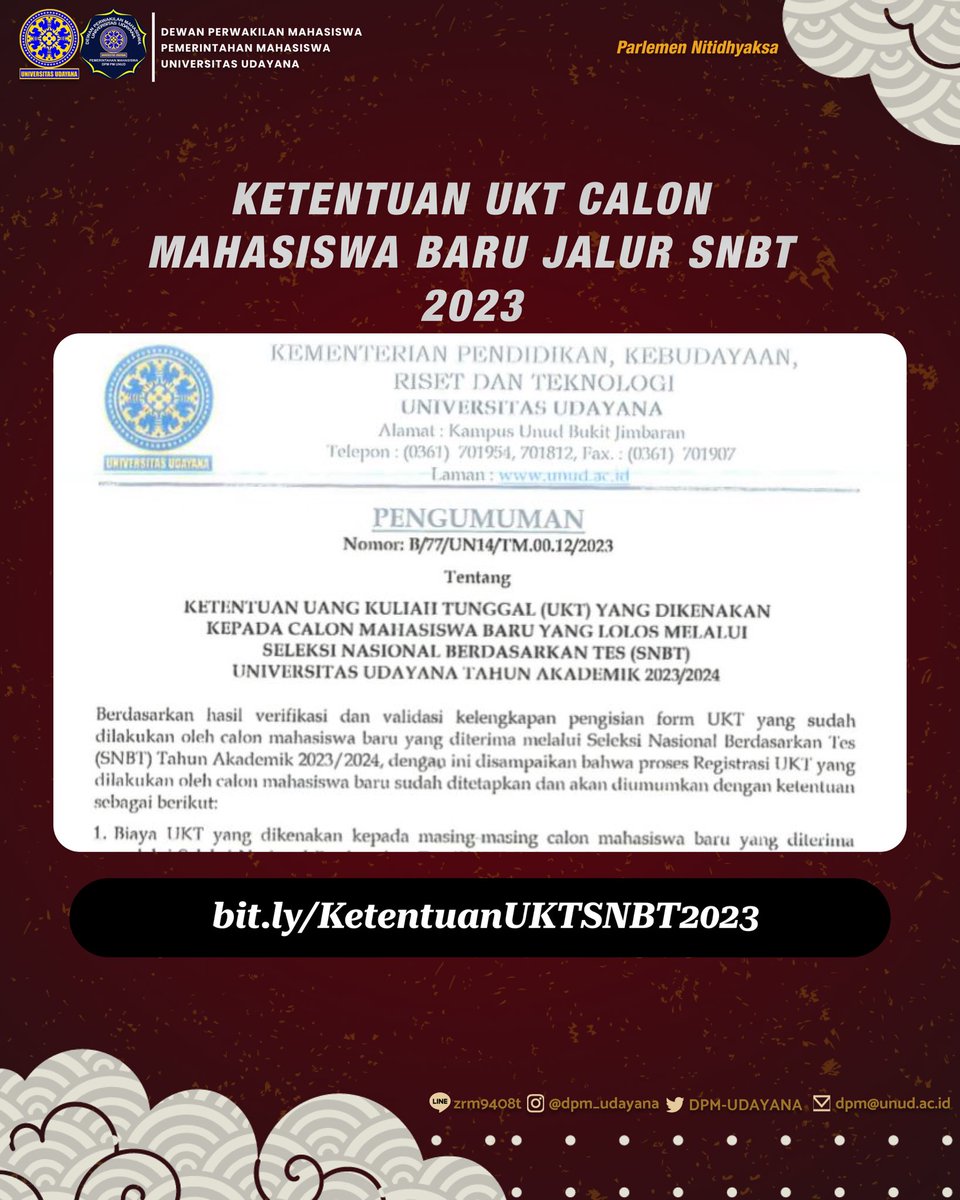 [𝐊𝐄𝐓𝐄𝐍𝐓𝐔𝐀𝐍 𝐔𝐊𝐓 𝐂𝐀𝐋𝐎𝐍 𝐌𝐀𝐇𝐀𝐒𝐈𝐒𝐖𝐀 𝐁𝐀𝐑𝐔 𝐉𝐀𝐋𝐔𝐑 𝐒𝐍𝐁𝐓 𝟐𝟎𝟐𝟑]

Halo, Civitas Akademika🙌🏼
Viva Legislativa❗ 

Informasi mengenai ketentuan dapat diakses melalui link file pengumuman berikut : 
bit.ly/KetentuanUKTSN…