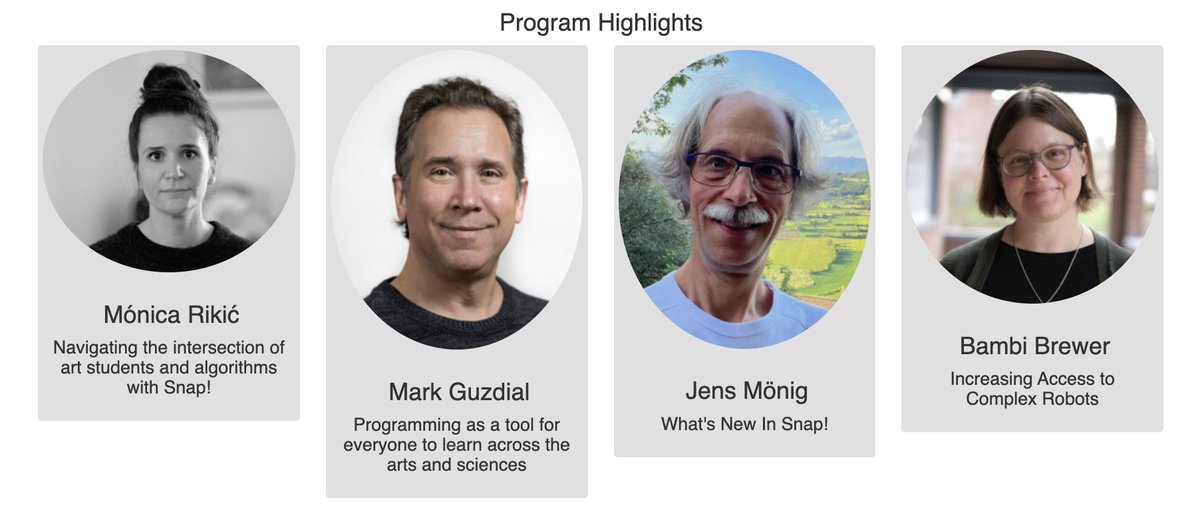 Snap! Cloud (@snapcloud) on Twitter photo Snap!Con 2023 is happening in less than 2 weeks 🫣🥳🥰
And we're especially looking forward to our wonderful keynote speakers <a href="/moenig/">Jens Mönig</a> <a href="/robotbambi/">Bambi Brewer</a> <a href="/guzdial/">Mark Guzdial</a> and <a href="/monicarikic/">Mónica Rikić</a> 💛
have you already checked out the full schedule? snapcon.org/conferences/20… Snap!Con 2023 is happening in less than 2 weeks 🫣🥳🥰
And we're especially looking forward to our wonderful keynote speakers <a href="/moenig/">Jens Mönig</a> <a href="/robotbambi/">Bambi Brewer</a> <a href="/guzdial/">Mark Guzdial</a> and <a href="/monicarikic/">Mónica Rikić</a> 💛
have you already checked out the full schedule? snapcon.org/conferences/20…