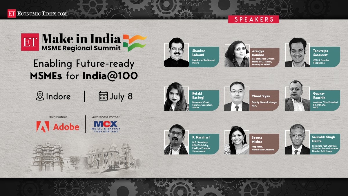 Explore innovative strategies to boost MSME growth and innovation at the ET #MSMERegionalSummit 2023 in Indore on July 8. Join us for insightful discussions, innovative ideas, and collaborative solutions to propel the growth of the state's flourishing MSME sector.