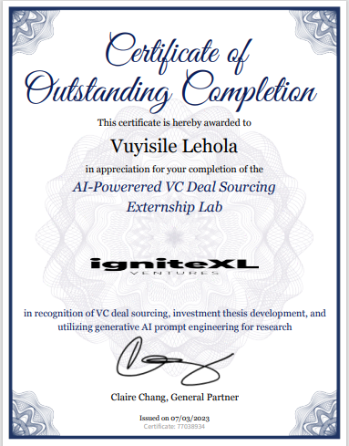 vt_lehola's tweet photo. I'm thrilled to share that I've successfully completed the AI-Powered VC Deal Sourcing Externship Lab, an immersive program offered by Paragon One and igniteXL Ventures.
#AI #VentureCapital #ParagonOne #igniteXL https://t.co/TcFimKfjNU