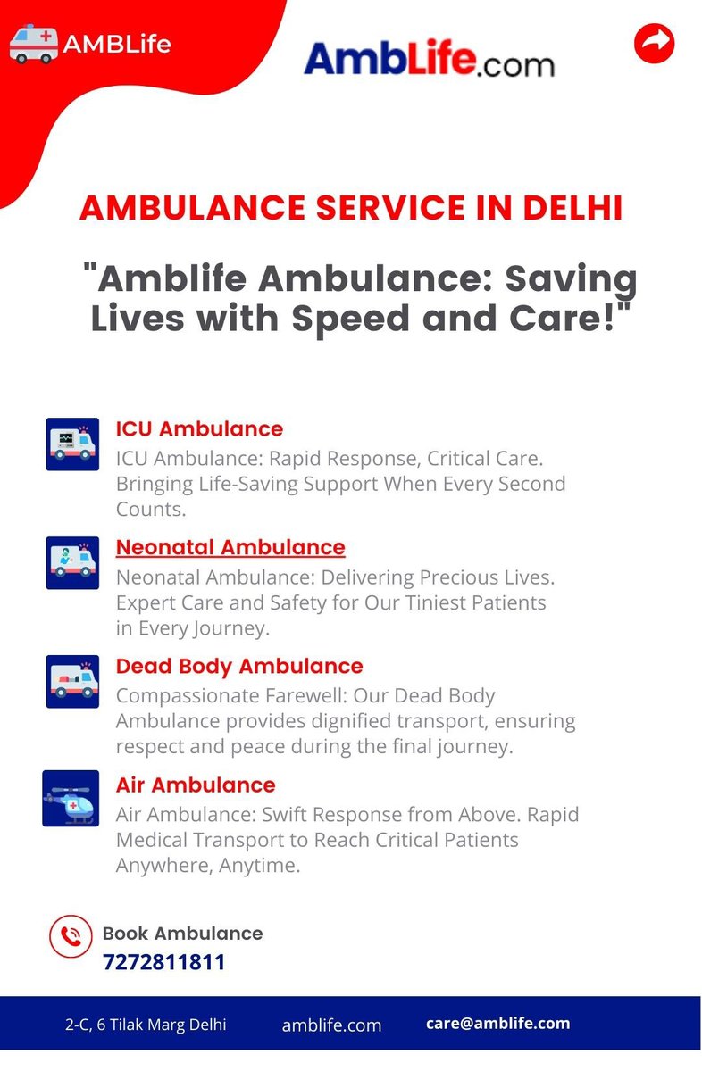 amblife's tweet photo. Saving Lives, One Call at a Time. Choose Our Ambulance Service in Delhi for Prompt and Reliable Medical Assistance.
Just Call https://t.co/y9wvj3hSgm @ 7272-811-811
Save Number Save Life 
view More : https://t.co/COzKXp9QEt
#amblife #ambulanceservice #BookAmbulance 🚑 https://t.co/2ovPONTWm3