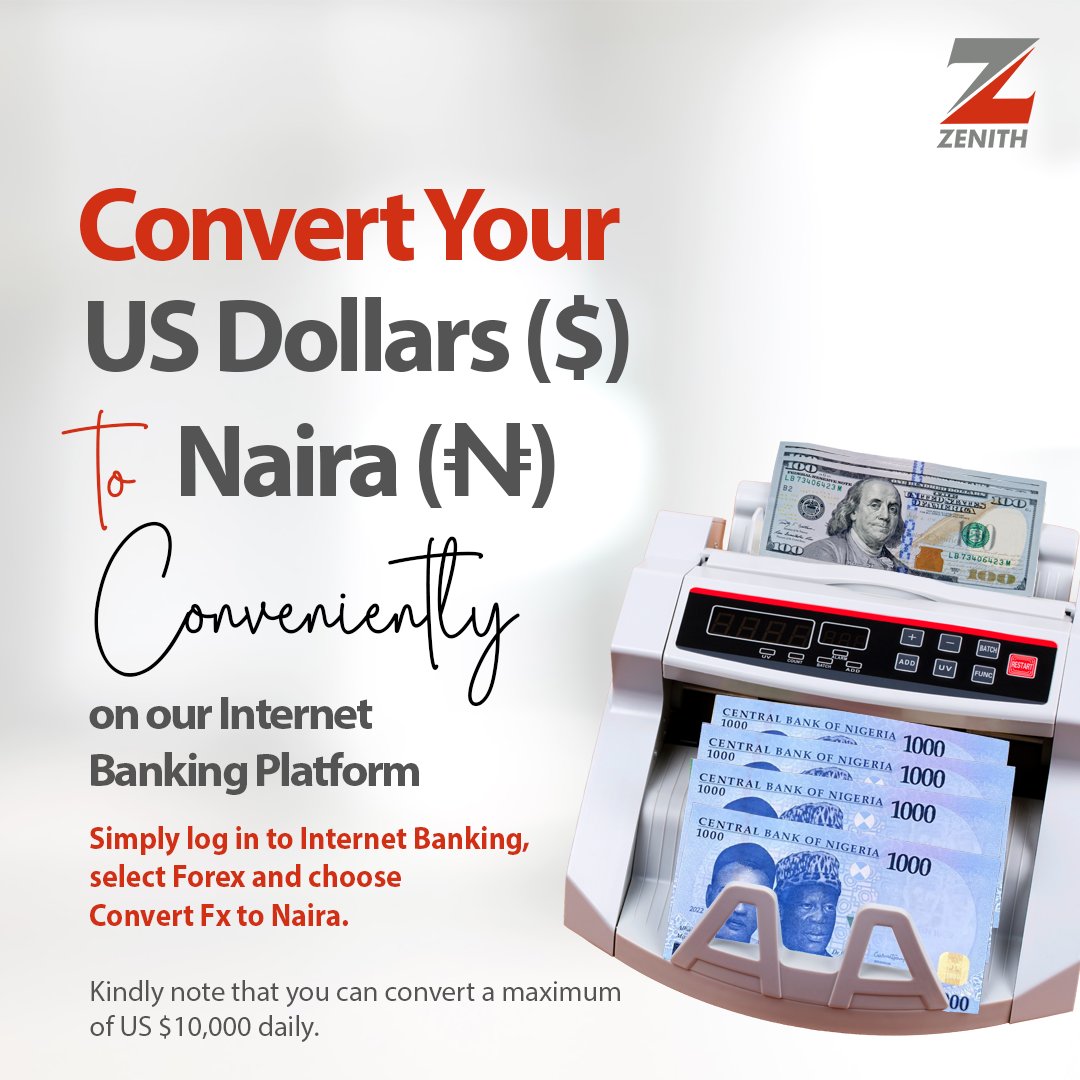 You can convert your US Dollars ($) to Naira (₦) conveniently on our Internet Banking Platform. 

#ZenithBank #ZenithInternetBanking #InternetBanking #Forex #EazyBanking #ZenithBankIsBack #Thursday