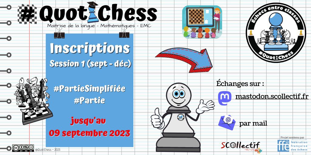 ♟️ INSCRIPTIONS 2023 🦣♟️

Les inscriptions pour les échanges échiquéens entre classes sont ouvertes ! Le jeu d’#Échecs engage réflexion, analyse, anticipation, argumentation, autant de compétences à développer chez les élèves. 
#EMI #CPS #EMC #Maths

➡️ quotichess.wordpress.com/inscription/