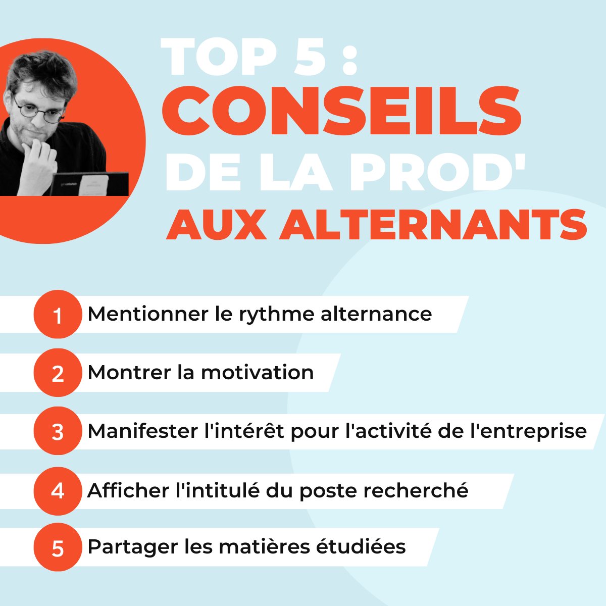 [Les conseils de la Prod'😉]

On ouvre le capot de YAGGO.

Voici le top 5 des conseils donnés par la Prod’ aux alternants, que vous pouvez anticiper dans vos contenus, ou sur lesquels vous pouvez les accompagner pour qu’ils améliorent leur candidatures !