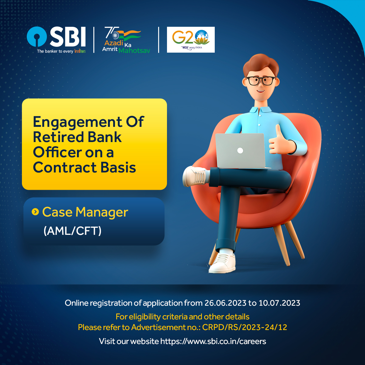 TheOfficialSBI's tweet photo. State Bank of India is hiring retired bank officers for the position of Case Manager - AML/CFT on a contractual basis.

To apply, visit: https://t.co/csDkK7FW2s and refer to Advertisement No. CRPD/RS/2023-24/12.

#JoinSBIFamily #SBI #StateBankofIndia #AmritMahotsav https://t.co/BZYRMU6kh0