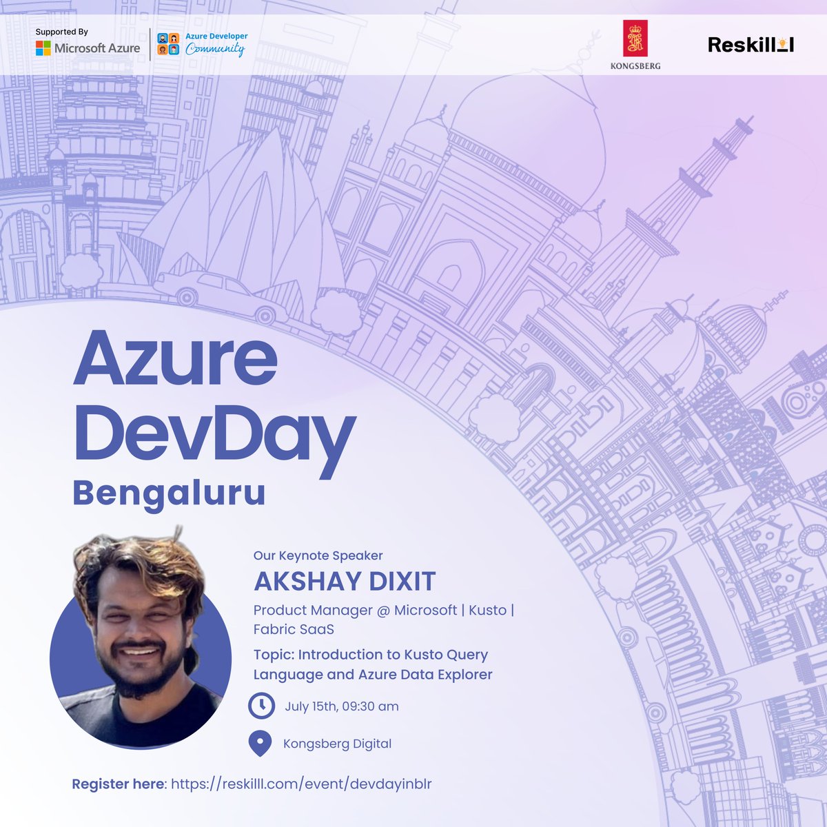 azdevindia's tweet photo. ๐ Excited to announce #AzureDevDay Bangalore, featuring Akshay Dixit as our Keynote Speaker! ๐ Join us at @kognifai office, Bengaluru, as we dive into the latest announcements into @AzDataExplorer. #DataAnalytics #TechEvents #Bangalore https://t.co/prSjfCmyFb