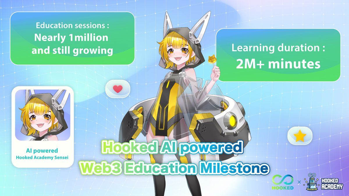 #HookedAcademySensei, driven by #HookedAI, is pushing boundaries of AI-powered Web3 education.

✨ Nearly 1 million education sessions &amp; still growing
✨ Exceeding 2 million minutes of learning duration

HOOK + AI + Education = ?
What’s to be expected next? Share ur comments! 👇