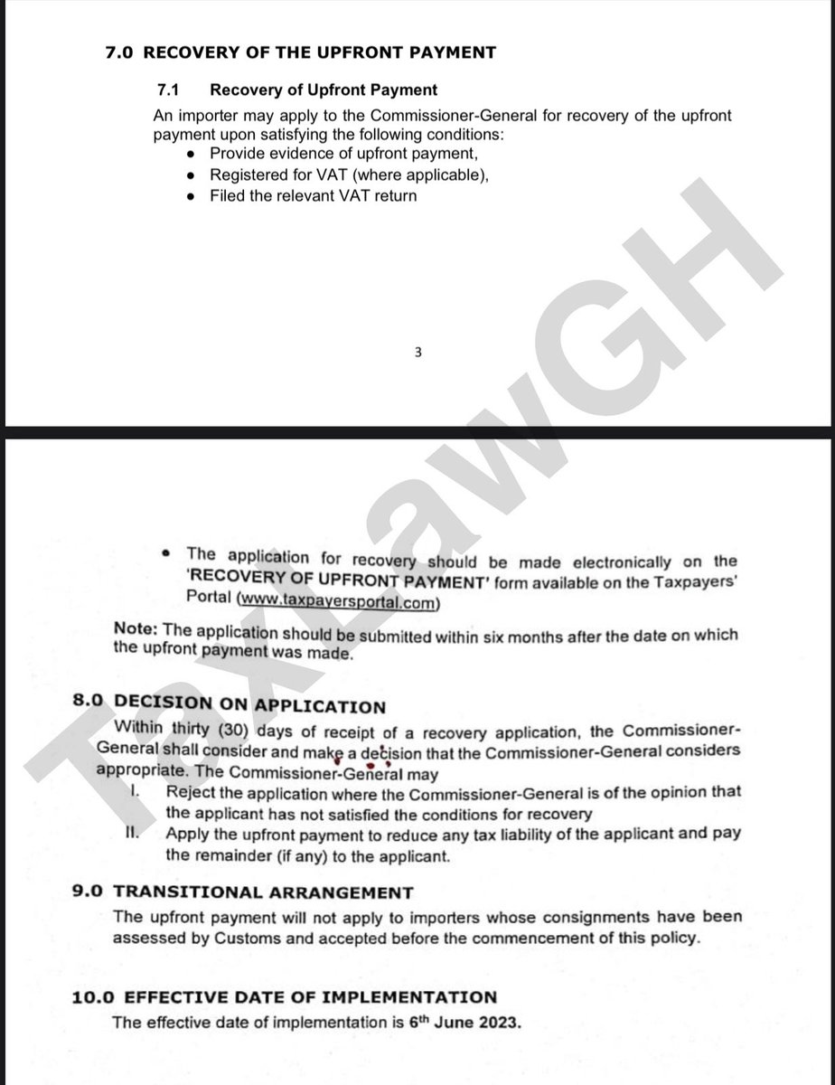 taxlawgh's tweet photo. Here’s the process to recover this (see screenshot below).

Note: Ensure you apply for this within 6 months of the date of payment of this Upfront Amount. You should get feedback within 30 days of applying.

Finally, after you complete the VAT registration process, you wouldn’t see this Code 101 on your future imports into Ghana.
