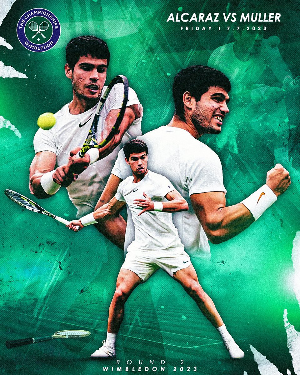 slodesign_nd's tweet photo. 🎾 Alcaraz vs Muller 🎾
Get ready for an exhilarating match as Carlos Alcaraz takes on Gilles Muller in the second round of Wimbledon 2023. 

#AlcarazVsMuller #Wimbledon2023 #Round2 #TennisShowdown #GrassCourtBattle #TennisTitans #SportsExcitement #GameOn #BeThereOrMissOut https://t.co/C3Zgme8OXB