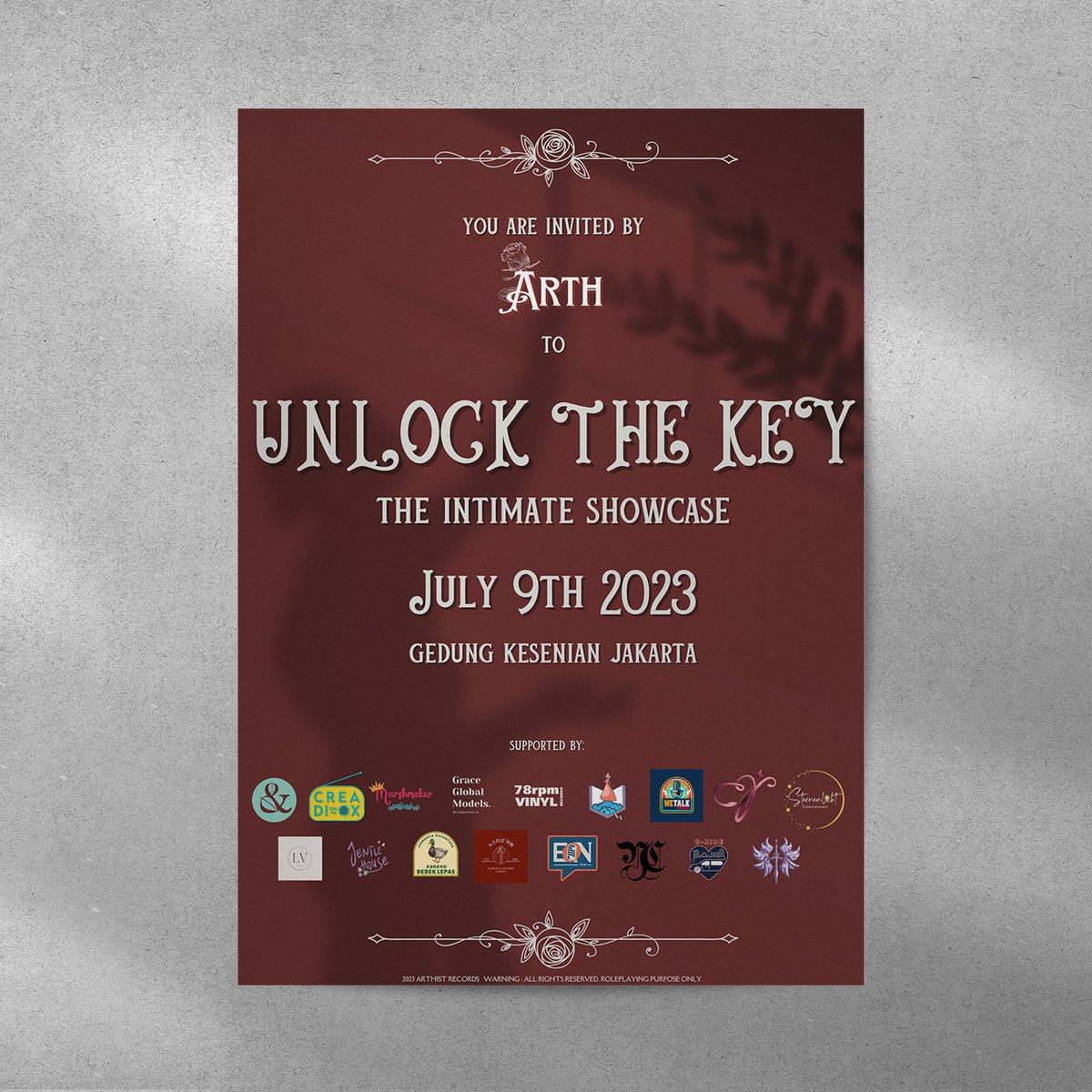 ㅤ

ㅤㅤUNLOCK THE KEY
ㅤㅤThe Intimate Showcase

ㅤㅤ𝗦𝘂𝗻𝗱𝗮𝘆, 𝗝𝘂𝗹𝘆 𝟵𝘁𝗵 𝟮𝟬𝟮𝟯
ㅤㅤ𝗚𝗲𝗱𝘂𝗻𝗴 𝗞𝗲𝘀𝗲𝗻𝗶𝗮𝗻 𝗝𝗮𝗸𝗮𝗿𝘁𝗮
ㅤㅤ𝟭𝟵.𝟬𝟬 — 𝗘𝗻𝗱. [𝗚𝗠𝗧+𝟳]

ㅤ