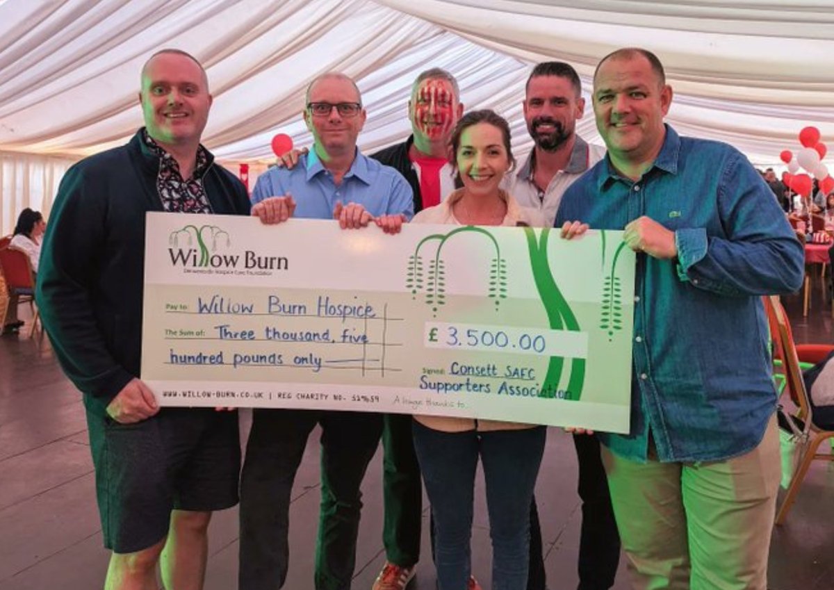Members of <a href="/SafcConsett/">Consett SAFC Supporters' Association</a> have increased their fundraising total to £49,500 with latest donation for Willow Burn Hospice of £3500.

The event on Saturday (1 July 2023) raised a phenomenal £1875 and starts the fundraising for next season.

willow-burn.co.uk/news/consett-a…

#ThankYou