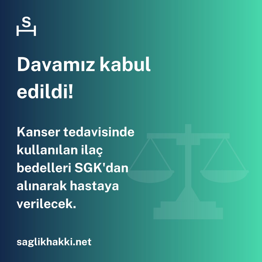 Sağlık Hakkı Derneği olarak takip ettiğimiz davada, kanser tedavisinde kullanılan Pembrolizumab etken maddeli 'Keytruda' isimli ilaç bedelinin SGK tarafından karşılanması talebimizin kabul edildiğini büyük bir mutlulukla paylaşmak isteriz.

#sağlıkhukuku #keytruda