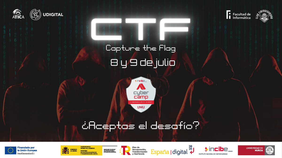 ¡No queda nada para comenzar el #CTFUMU! 🙌

👉 Desde #CyberCampUMU estamos deseando contar con vuestra participación para resolver los desafíos y mucho más. 

🗓️ 9 y 8 de julio.

📲 Conoce todos los detalles en: eventos.um.es/go/CTF-Cyberca…