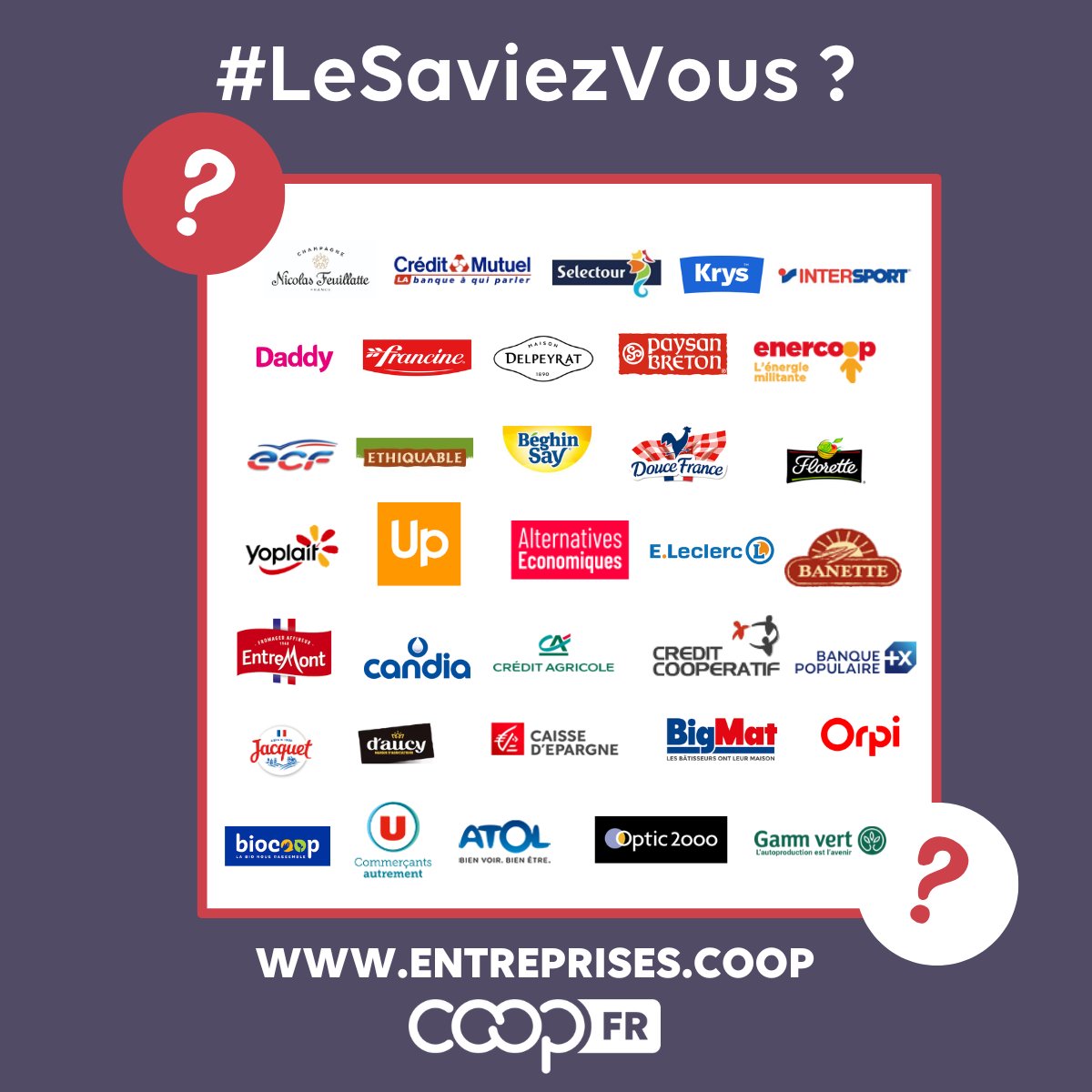 CoopFR's tweet photo. [#LeSaviezVous❓] Vos enseignes et marques préférées 🇫🇷 sont #coopératives !

Les entreprises coopératives sont partout, vous les connaissez bien.

Quand vous faites vos courses, quand vous achetez vos lunettes ou vos articles de sport, il y a de fortes chances que vous soyez dans un magasin coopératif.

Sucre Daddy (@Cristal_Union ), Francine, Yoplait (@SodiaalCoop), @Intersport_FR , Système U (@ULesCommercants), @KrysGroup  ou encore @JoueClubFR  … Plus de 300 marques et enseignes du quotidien connues et reconnues par les Français sont coopératives !

La plupart font parties du Top 100 des entreprises coopératives françaises.

+ d’infos :
Panorama des entreprises coopératives, édition 2022
↪️ https://t.co/3fvwHrecUK

Top 100 des entreprises coopératives, édition 2022
↪️https://t.co/tlFHSGPxzs

@GroupeBPCE  @FederationBP @FNCE @credit_coop_  @les_scop  @lacoopagricole  @FCACommerce  @Habicoop  @CA_Fnca  @MarleneSchiappa