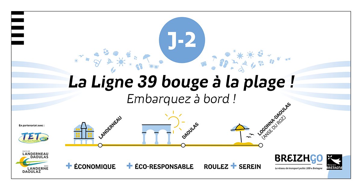 La ligne 39 bouge à la plage ! J-2 🚌🏖️ ATOUTS #3 &amp; 4 : Un service adapté aux personnes à mobilité réduite. Et aussi la possibilité de se rendre plus sereinement en bord de mer. Fini le stress de trouver où se garer ! Et en plus, vous agissez pour la planète 🌍
<a href="/Breizh__Go/">BreizhGo</a>