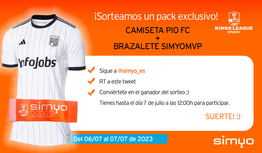 simyo_es's tweet photo. ¡SORTEO! 🙌
Llévate un pack exclusivo de la Kings League Infojobs concamiseta de PIO FC + brazalete simyoMVP  🎁
- Haz RT
- Sigue a @simyo_es 
- ¡A ganar el sorteo! ✌️
#simyoPIOFC
Participa hasta el 07/07 a las 12:00h. Bases: https://t.co/JomNIjqxpL https://t.co/69zvJnGNnm
