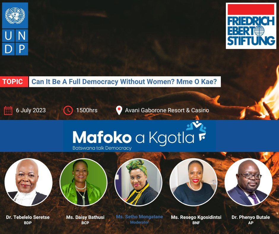 JOIN US TODAY: 3-6pm LIVE 🛜 on @DumaFMRadio from AVANI, discussing “Can It Be A Full Democracy Without Women? Mme O Kae? In partnership with Friedrich-Ebert-Stiftung #Botswana #mafokoakgotla #womenpower @UN_Botswana