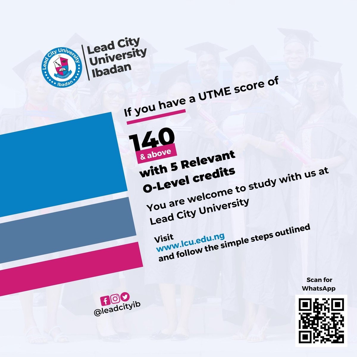 LeadcityIB's tweet photo. 📣 Exciting news! 2023/2024 UTME Cut-off Mark at Lead City University is 140.
For inquiries, DM us. We're here to help! Thank you for considering Lead City University™️.
#CutOffMark #LeadCityUniversity #HigherEducation #YourFutureStartsHere #jamb2023 https://t.co/rLXtOMOWCy
