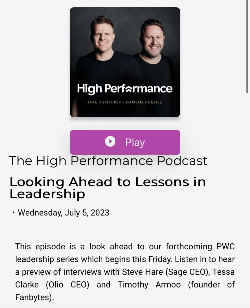 It was great to hear what @mrjakehumphrey & @LiquidThinker have planned for the next chapters of High Performance podcast. 

Thanks 🙏 for introducing me to @Olio_ex & @TessaLFClarke … I’ve signed up and have listed some items to give away ✌️ (link 👉 shows.acast.com/the-high-perfo…)