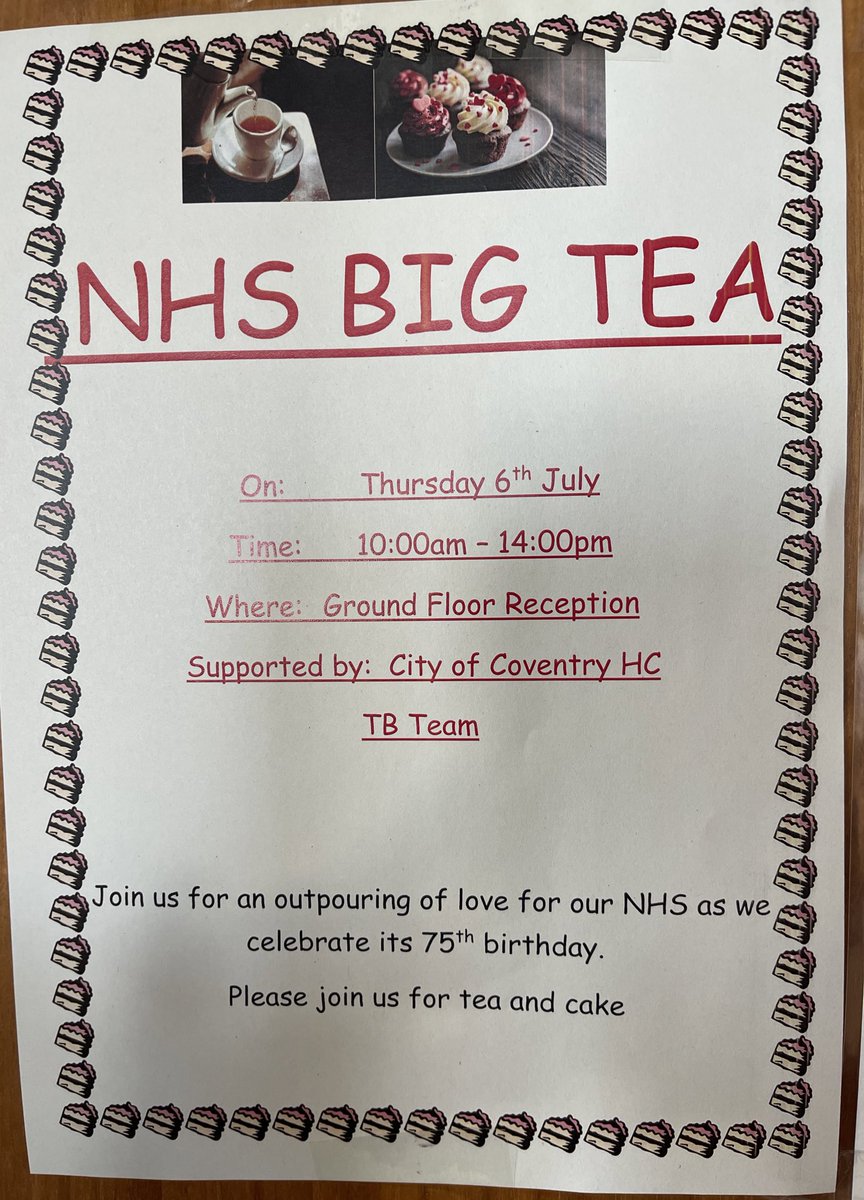 debbiestapleton's tweet photo. #TBteam #NHS75birthday A day behind - but come and join us at City of Coventry Health Care today 6/7/23 for a cake and a drink to celebrate our NHS’s big birthday @uhcw_pst @UHCWCharity @nhsuhcw @HallettKam @VanessaMC_uhcw @kirean_dingley more to follow 😊 https://t.co/E5iMFgFBAe