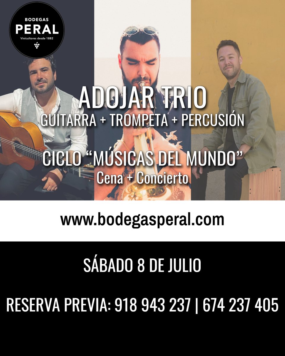 BodegasPeral's tweet photo. ¡¡¡ES EN DOS DÍAS!!! Coge tu entrada para el concierto de Adojar Trio en nuestra bodega y ven a disfrutar de este pedazo de evento con nosotros 😍😍
🔸 Reserva previa: 918 943 237 o 674 237 405
Más información 👉👉 https://t.co/82p0kf8JWe
https://t.co/JDVcBx7xVr
#bodegasperal https://t.co/pmg2hJkNbO