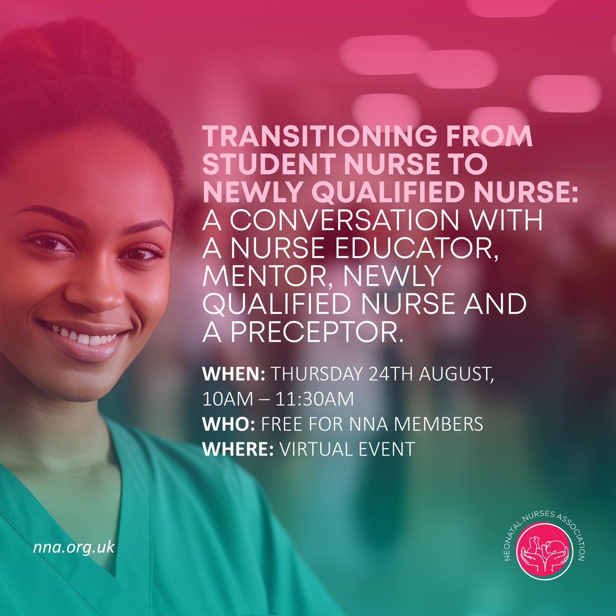 NNAUK1's tweet image. Free for NNA members - Transitioning  from student nurse to newly qualified nurse - 24th August, 10am-11.30.
Register here 👉 nna.org.uk/events 
#FreeforMembers #StudentNurse #NQN #NeonatalNurse #NNAEvents