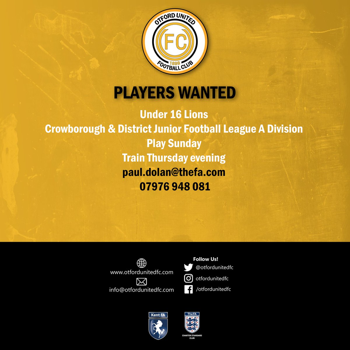 Otford United FC (@otfordunitedfc) on Twitter photo ๐ข PLAYERS WANTED ๐ Our Under 16s are on the look out for new players to join their squad ahead of the 23/24 season.
๐ โซ๏ธ
If interested, please contact Paul Dolan at paul.dolan@thefa.com
#u16 #cdjfl #otfordunitedfc #Otford #COYO #UptheOs ๐ข PLAYERS WANTED ๐ Our Under 16s are on the look out for new players to join their squad ahead of the 23/24 season.
๐ โซ๏ธ
If interested, please contact Paul Dolan at paul.dolan@thefa.com
#u16 #cdjfl #otfordunitedfc #Otford #COYO #UptheOs