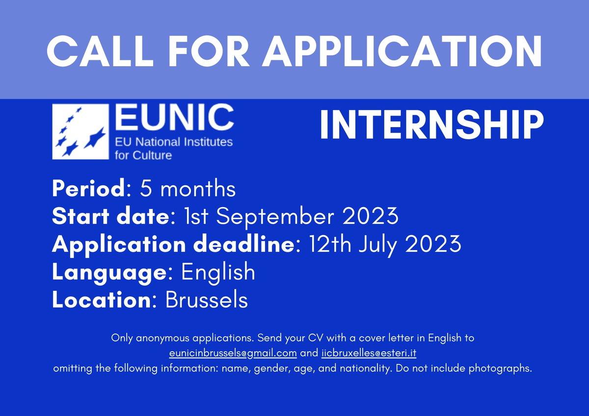 📣CALL FOR APPLICATION!📢
EUNIC is looking for a trainee starting from 1st September 2023.
The location of the internship is at the Istituto Italiano di Cultura (Rue de Livourne 38, 1000 Bruxelles).
Details for the application here:
d3a0e.emailsp.com/documenti/Cons…