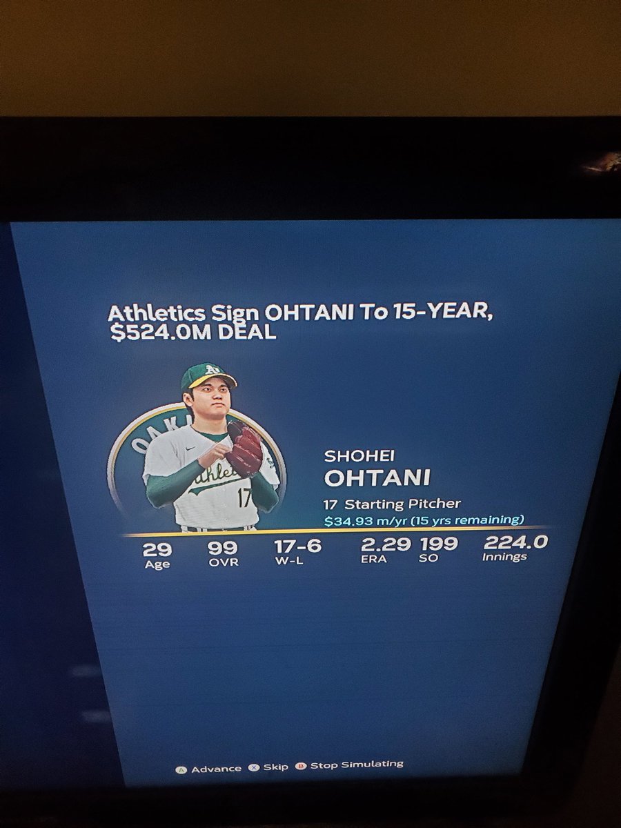 JLangdon76's tweet image. My mlb the show "rebuild the athletics" sim, it turns out that when you don't have anyone on the payroll, and the game gives you an average budget, you can just hit the free agent market with a cinderblock