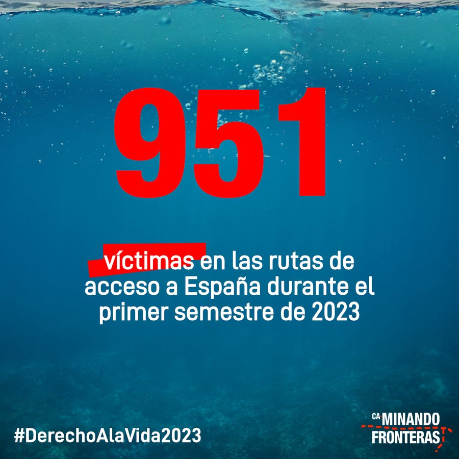 Hintergrundbild: Unterwasseraufnahme vom Grund des Meeres bis zur Oberfläche am obersten Bildrand. Davor Text:</p><p>951</p><p>víctimas en las rutas de<br>acceso a España durante el<br>primer semestre de 2023</p><p>#DerechoALaVida2023</p><p>CaMinando Fronteras