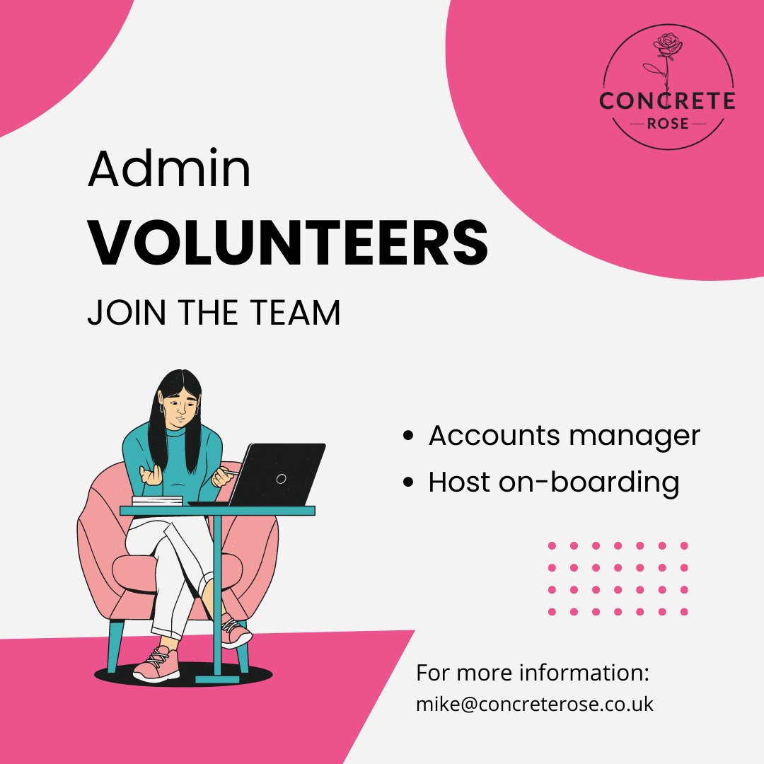 VOLUNTEER OPPORTUNITIES 📢

Could you spare a few hours a week or month to directly contribute to the work of Concrete Rose Collective? 🌹

We’re looking for two (very) part-time admin support roles to enable us to continue to deliver exceptional outcomes for young people ⏰