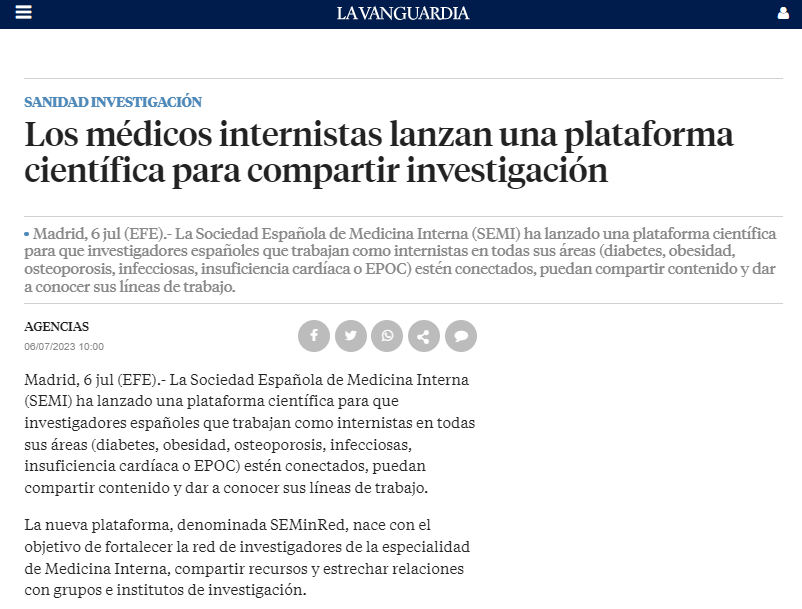 Sociedad_SEMI's tweet photo. "Los médicos internistas lanzan una plataforma científica para compartir investigación" | Vía @EFEnoticias - @LaVanguardia
La nueva plataforma, denominada #SEMinRed, nace con el objetivo de fortalecer la red de investigadores de la especialidad de Medicina Interna, compartir recursos y estrechar relaciones con grupos e institutos de investigación.
https://t.co/wANk6h0jxO
#SEMITuit