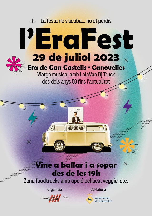 Arriba l’Erafest! No et perdis la vesprada més èpica de Canovelles. Viatge musical amb LolaVan Dj Truck i zona foodtrukcs amb opció per a tothom des de les 19h. Recorda-ho: 29 de juliol a l’Era de Can Castells de Canovelles! T’hi esperem! 🙌🔥 #Canovelles #foodtrucks #festival