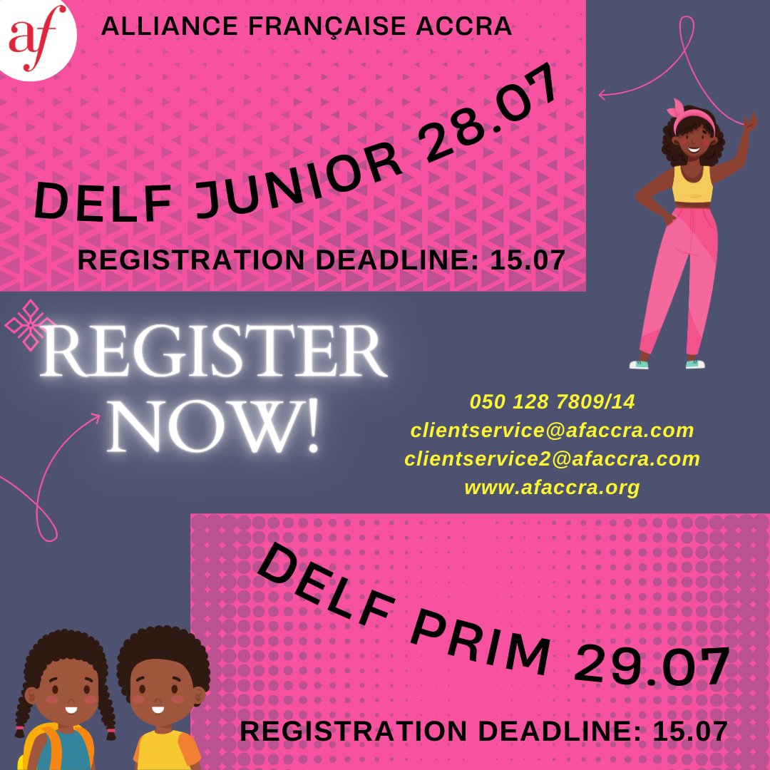 AF_Accra's tweet photo. DO IT NOW!!! 🥳👆VALIDATE THE FRENCH LEARNING OF YOUR KIDS ACCORDING TO THEIR LEVEL AND EXPECTATIONS! 🎉
❤ clientservice@afaccra.com
❤ 050 128 7809/14
❤ https://t.co/FV69ICARml
#afaccra
#alliancefrancaiseaccra
#delfdalf #delfjunior #delfprim
#frenchlanguage https://t.co/ykd33Ylxju