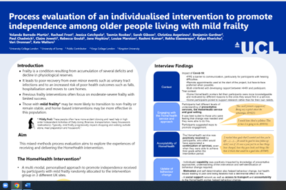 Lots of great posters from our team too - Process evaluation of an individualised intervention to promote independence among older people living with mild #frailty - today at 12.30 a 3 minute poster presentation with Yolanda and co @rachfrost @CAvgerinou @MarstonLouise #BSG2023