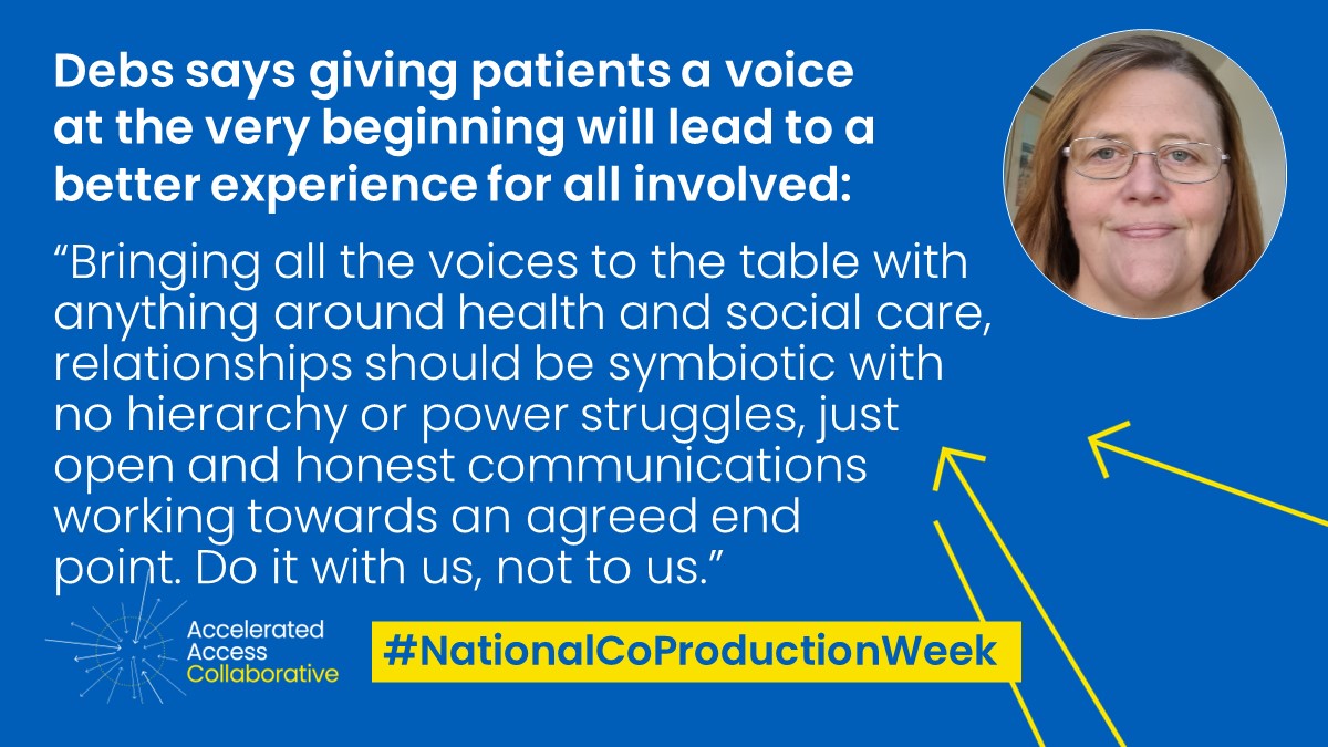 AACinnovation's tweet image. This #NationalCoProductionWeek, hear from patient partner Deb about why involving patients at the beginning of any treatment / pathway results in better patient experience