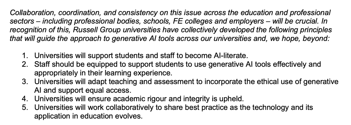 New principles on the use of generative #AI tools in #education - @RussellGroup

#QualityAssurance #AIed #HigherEducation #DigitalTransformation #EducationalChange #Teaching #Assessment #SmartEducation #Literacy #DigitalCompetence russellgroup.ac.uk/news/new-princ… @EUDigitalEdu