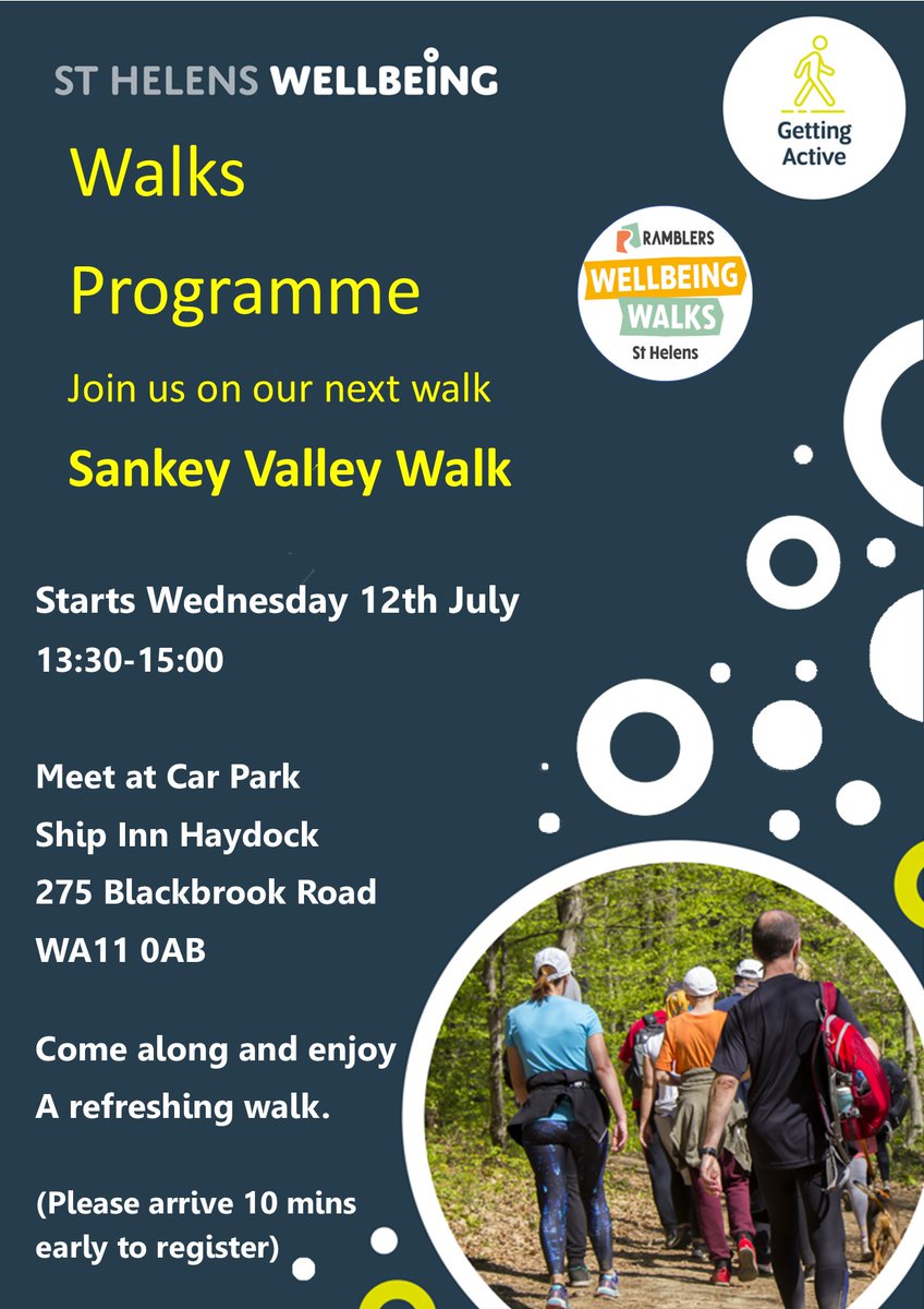 StHWellbeing's tweet photo. Add another one to your diary! We're off for a walk around Sankey Valley, each Wednesday, you can meet us at the Ship Inn car park at 13:30pm and join our wonderful Health Trainers, Denis and Sharon for a walk around Sankey Valley! 📷 https://t.co/otgfayF67C