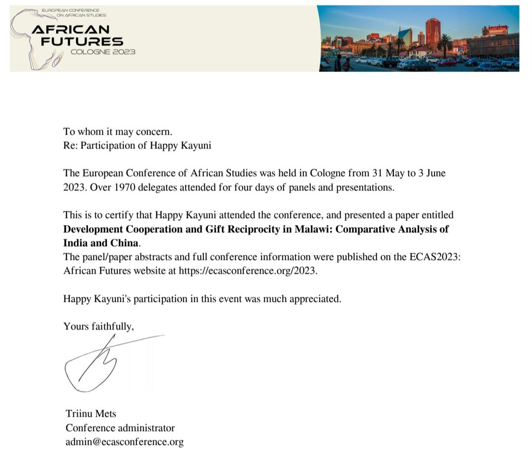 HappyKayuni's tweet image. I have never received a certificate of attendance from organizers of an international academic conference. Hence, I was pleasantly surprised to receive one from #ECAS2023 
@bonidulani @afr_pol @danbanik @Gowokani11 @pasdept_UNIMA @unimaecon
