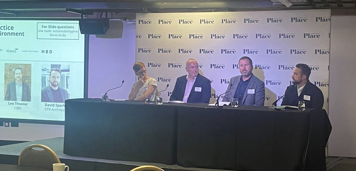 Looking at how to design and develop sustainable new-builds on the first panel are John Searle <a href="/SalfordCouncil/">Salford City Council</a>, Bernadette Barry <a href="/NorthstoneUK/">Northstone</a>, David Sparks <a href="/EPRArchitects/">EPR Architects</a> and Lee Treanor <a href="/hbdplaces/">HBD</a> #PlaceNWLive